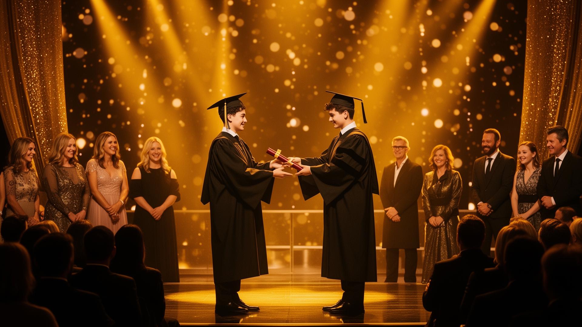 Cerimônia de formatura emocionante com formando recebendo diploma